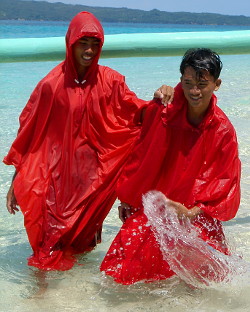 happy in a wet condom poncho